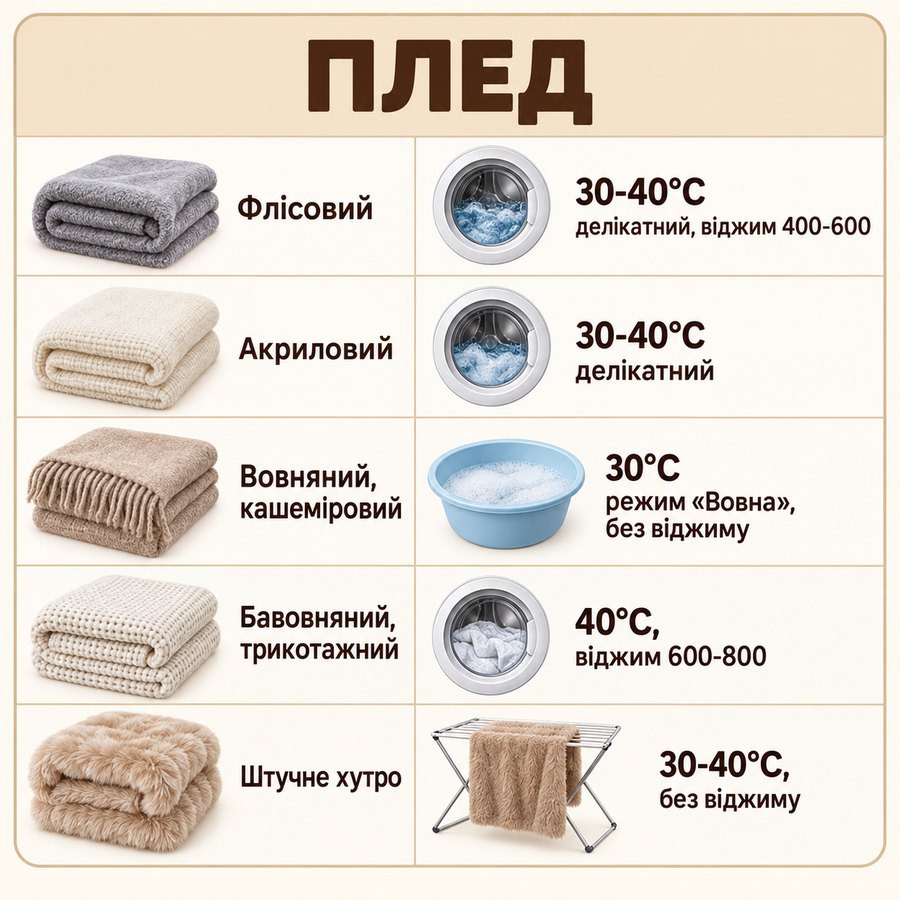 Що можна прати в машинці: Плед - Флісовий 30-40°C делікатний, віджим 400-600, Акриловий 30-40°C делікатний, Вовняний, кашеміровий 30°C режим «Вовна», без віджиму, Бавовняний, трикотажний 40°C, віджим 600-800, Штучне хутро 30-40°C, без віджиму