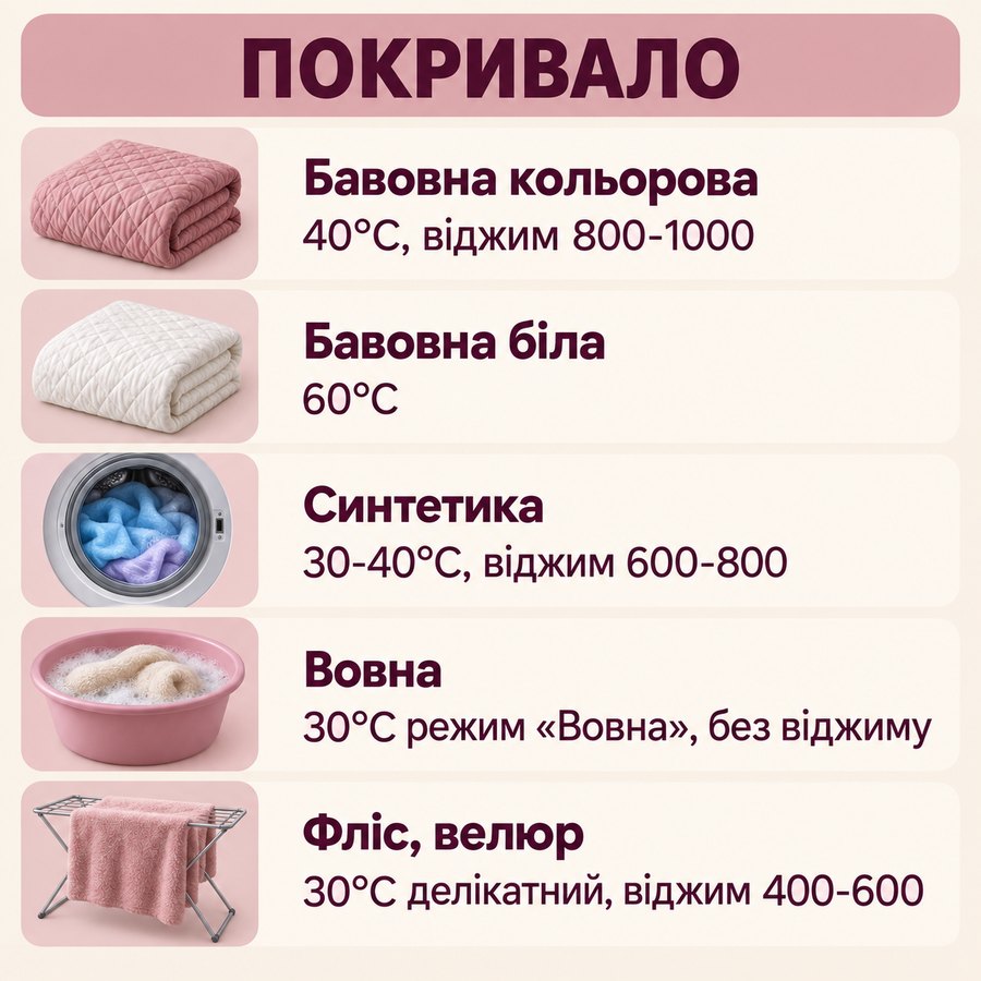 Що можна прати в машинці: Покривало - Бавовна кольорова 40°C, віджим 800-1000, Бавовна біла 60°C, Синтетика 30-40°C, віджим 600-800, Вовна 30°C режим «Вовна», без віджиму, Фліс, велюр 30°C делікатний, віджим 400-600