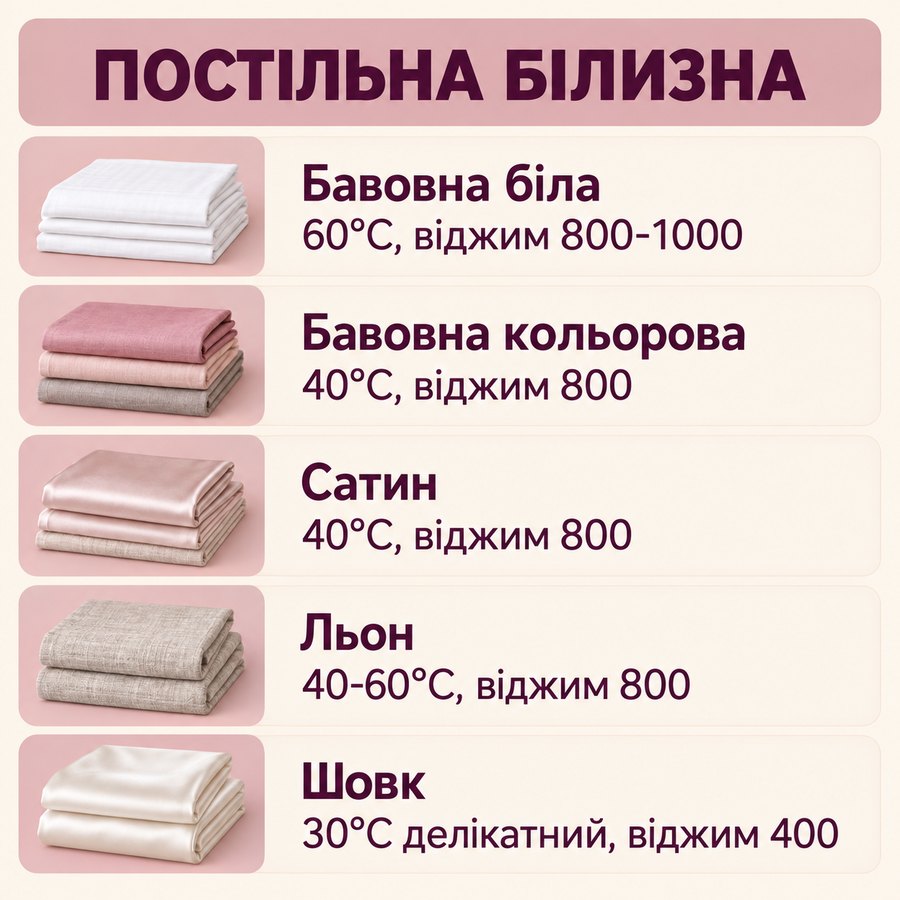 Що можна прати в машинці: Постільна білизна - Бавовна біла 60°C, віджим 800-1000, Бавовна кольорова 40°C, віджим 800, Сатин 40°C, віджим 800, Льон 40-60°C, віджим 800, Шовк 30°C делікатний, віджим 400