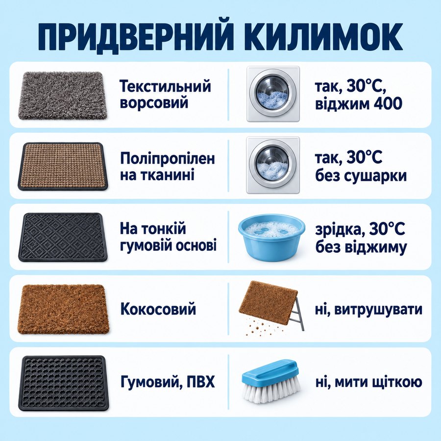 Що можна прати в машинці: Придверний килимок - Текстильний ворсовий так, 30°C, віджим 400, Поліпропілен на тканині так, 30°C без сушарки, На тонкій гумовій основі зрідка, 30°C без віджиму, Кокосовий ні, витрушувати, Гумовий, ПВХ ні, мити щіткою