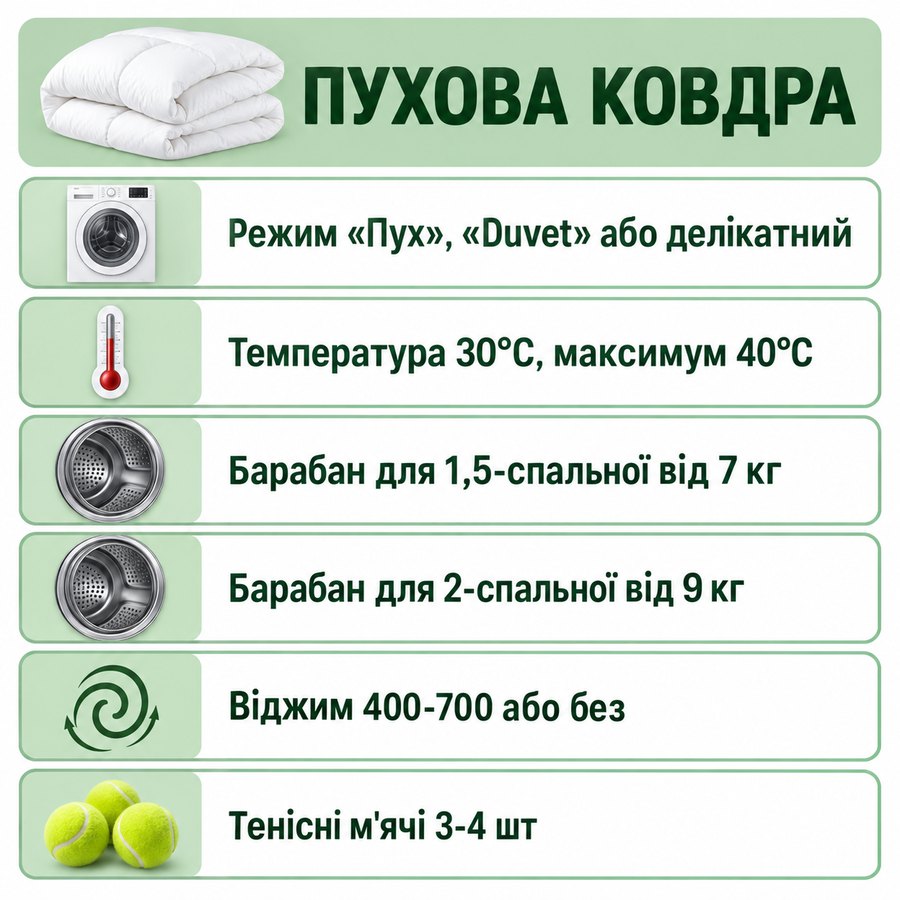 Що можна прати в машинці: Пухова ковдра - Режим «Пух», «Duvet» або делікатний, Температура 30°C, максимум 40°C, Барабан для 1,5-спальної від 7 кг, Барабан для 2-спальної від 9 кг, Віджим 400-700 або без, Тенісні м'ячі 3-4 шт
