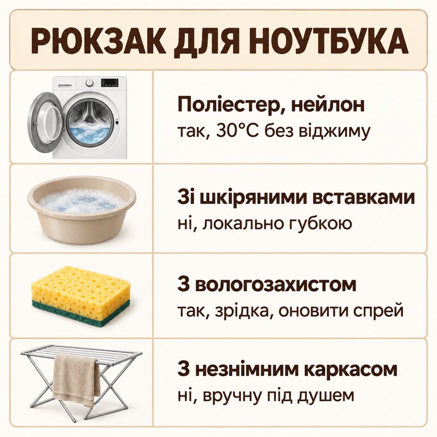 Що можна прати в машинці: Рюкзак для ноутбука - Поліестер, нейлон так, 30°C без віджиму, Зі шкіряними вставками ні, локально губкою, З вологозахистом так, зрідка, оновити спрей, З незнімним каркасом ні, вручну під душем
