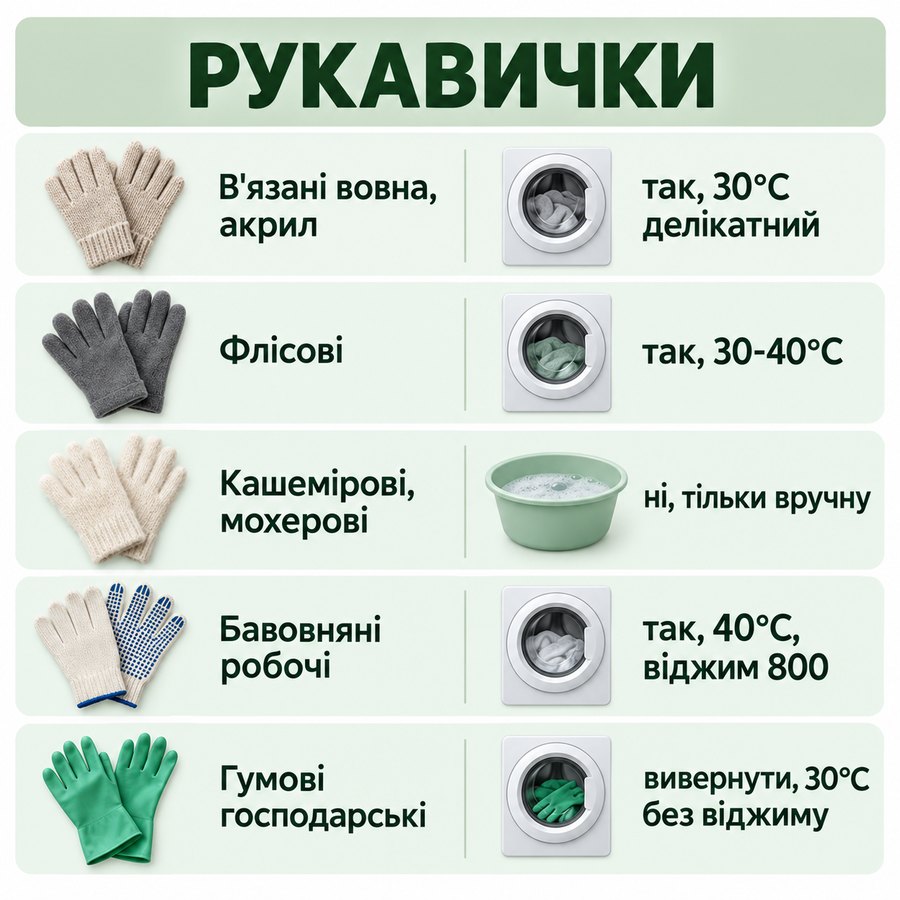 Що можна прати в машинці: Рукавички - В'язані вовна, акрил так, 30°C делікатний, Флісові так, 30-40°C, Кашемірові, мохерові ні, тільки вручну, Бавовняні робочі так, 40°C, віджим 800, Гумові господарські вивернути, 30°C без віджиму