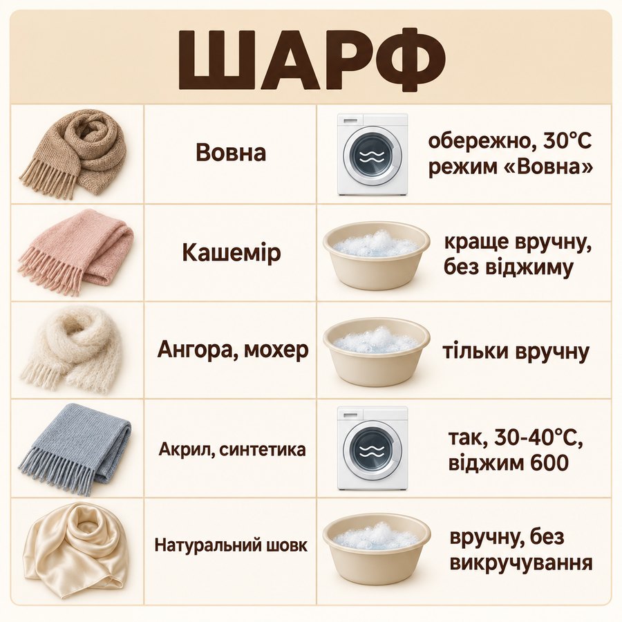 Що можна прати в машинці: Шарф - Вовна обережно, 30°C режим «Вовна», Кашемір краще вручну, без віджиму, Ангора, мохер тільки вручну, Акрил, синтетика так, 30-40°C, віджим 600, Натуральний шовк вручну, без викручування