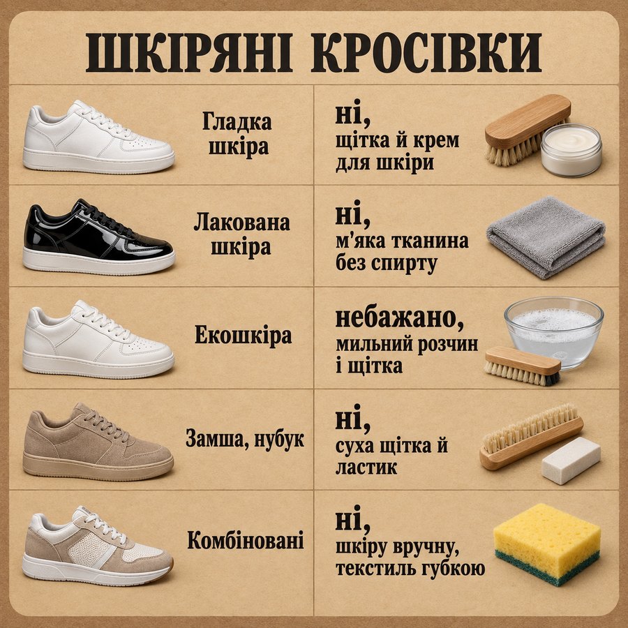 Що можна прати в машинці: Шкіряні кросівки - Гладка шкіра ні, щітка й крем для шкіри, Лакована шкіра ні, м'яка тканина без спирту, Екошкіра небажано, мильний розчин і щітка, Замша, нубук ні, суха щітка й ластик, Комбіновані ні, шкіру вручну, текстиль губкою