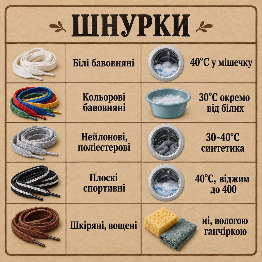 Що можна прати в машинці: Шнурки - Білі бавовняні 40°C у мішечку, Кольорові бавовняні 30°C окремо від білих, Нейлонові, поліестерові 30-40°C синтетика, Плоскі спортивні 40°C, віджим до 400, Шкіряні, вощені ні, вологою ганчіркою