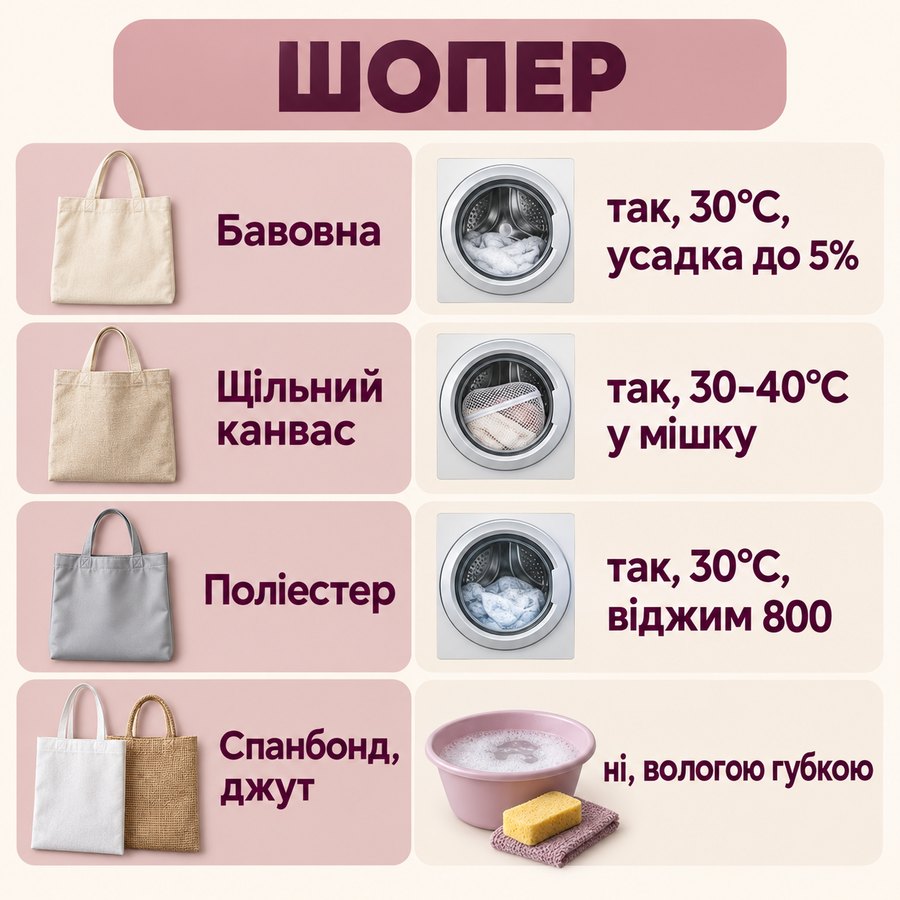 Що можна прати в машинці: Шопер - Бавовна так, 30°C, усадка до 5%, Щільний канвас так, 30-40°C у мішку, Поліестер так, 30°C, віджим 800, Спанбонд, джут ні, вологою губкою