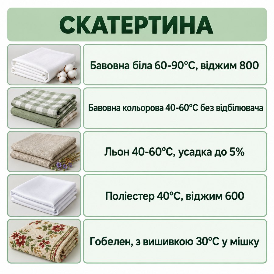 Що можна прати в машинці: Скатертина - Бавовна біла 60-90°C, віджим 800, Бавовна кольорова 40-60°C без відбілювача, Льон 40-60°C, усадка до 5%, Поліестер 40°C, віджим 600, Гобелен, з вишивкою 30°C у мішку