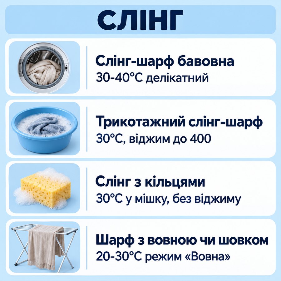 Що можна прати в машинці: Слінг - Слінг-шарф бавовна 30-40°C делікатний, Трикотажний слінг-шарф 30°C, віджим до 400, Слінг з кільцями 30°C у мішку, без віджиму, Шарф з вовною чи шовком 20-30°C режим «Вовна»