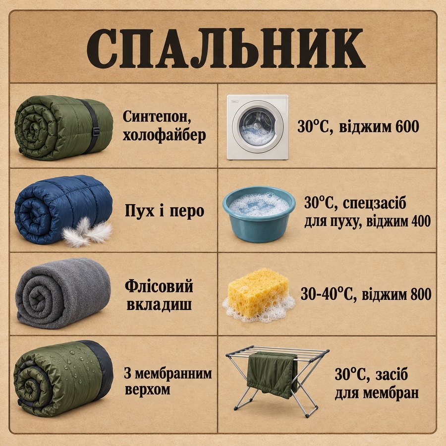 Що можна прати в машинці: Спальник - Синтепон, холофайбер 30°C, віджим 600, Пух і перо 30°C, спецзасіб для пуху, віджим 400, Флісовий вкладиш 30-40°C, віджим 800, З мембранним верхом 30°C, засіб для мембран