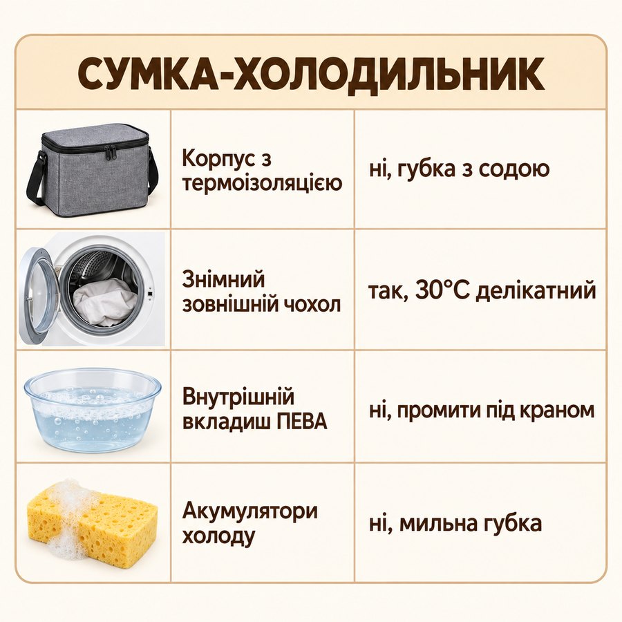 Що можна прати в машинці: Сумка-холодильник - Корпус з термоізоляцією ні, губка з содою, Знімний зовнішній чохол так, 30°C делікатний, Внутрішній вкладиш ПЕВА ні, промити під краном, Акумулятори холоду ні, мильна губка