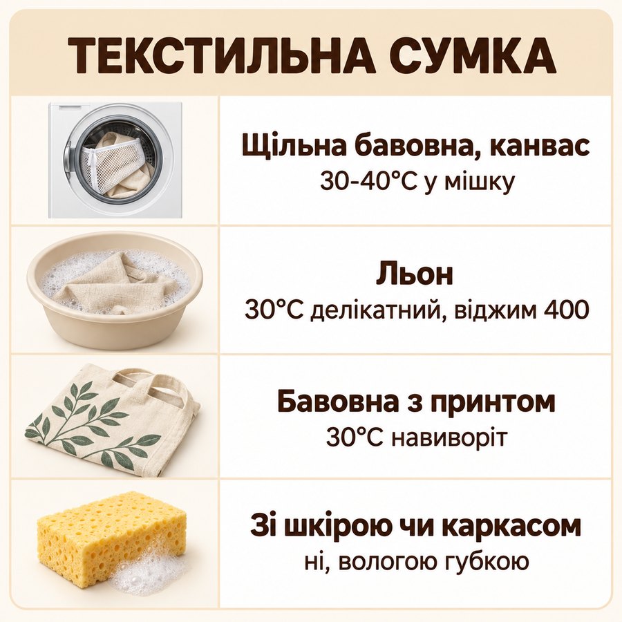 Що можна прати в машинці: Текстильна сумка - Щільна бавовна, канвас 30-40°C у мішку, Льон 30°C делікатний, віджим 400, Бавовна з принтом 30°C навиворіт, Зі шкірою чи каркасом ні, вологою губкою