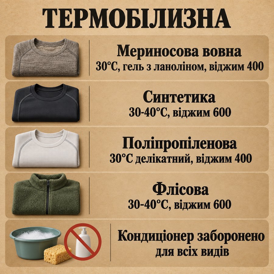 Що можна прати в машинці: Термобілизна - Мериносова вовна 30°C, гель з ланоліном, віджим 400, Синтетика 30-40°C, віджим 600, Поліпропіленова 30°C делікатний, віджим 400, Флісова 30-40°C, віджим 600, Кондиціонер заборонено для всіх видів