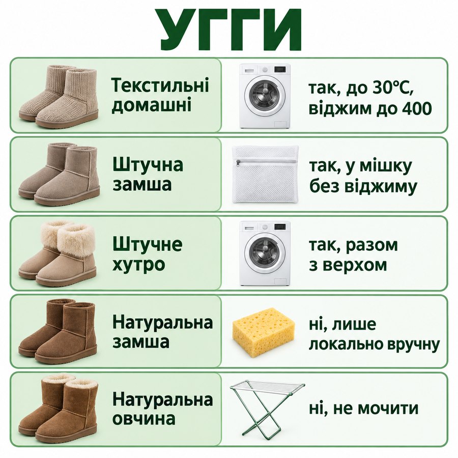 Що можна прати в машинці: Угги - Текстильні домашні так, до 30°C, віджим до 400, Штучна замша так, у мішку без віджиму, Штучне хутро так, разом з верхом, Натуральна замша ні, лише локально вручну, Натуральна овчина ні, не мочити