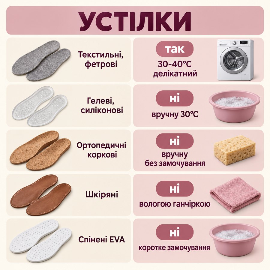 Що можна прати в машинці: Устілки - Текстильні, фетрові так, 30-40°C делікатний, Гелеві, силіконові ні, вручну 30°C, Ортопедичні коркові ні, вручну без замочування, Шкіряні ні, вологою ганчіркою, Спінені EVA ні, коротке замочування