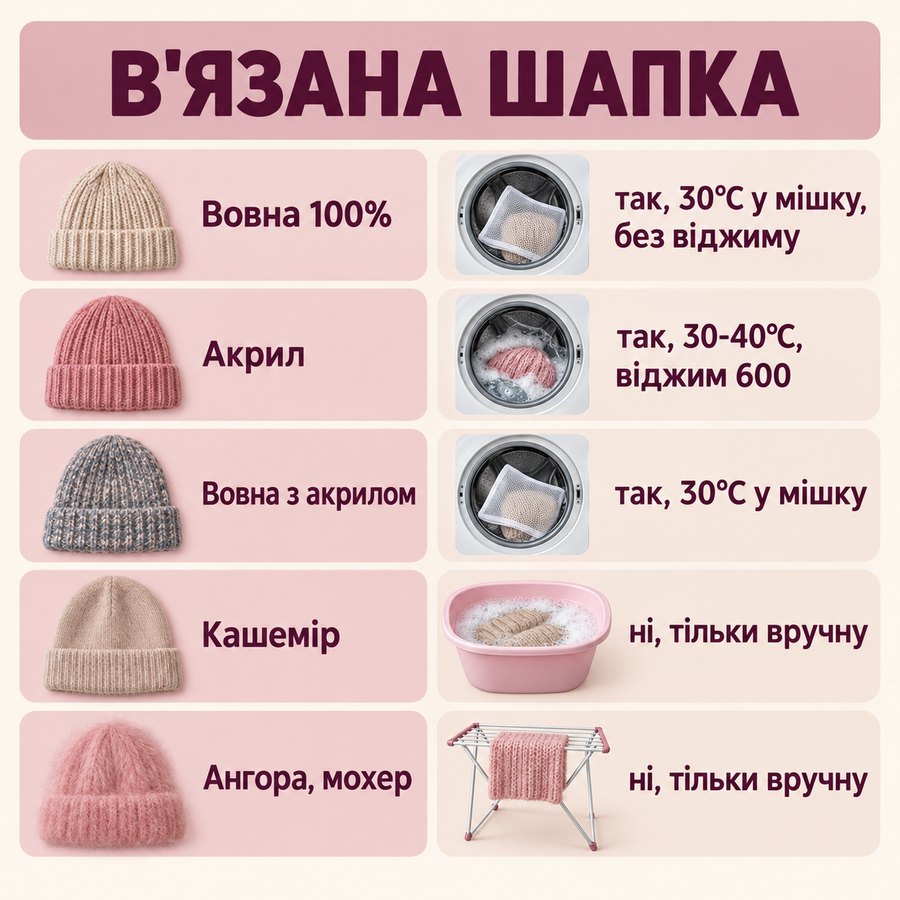 Що можна прати в машинці: В'язана шапка - Вовна 100% так, 30°C у мішку, без віджиму, Акрил так, 30-40°C, віджим 600, Вовна з акрилом так, 30°C у мішку, Кашемір ні, тільки вручну, Ангора, мохер ні, тільки вручну