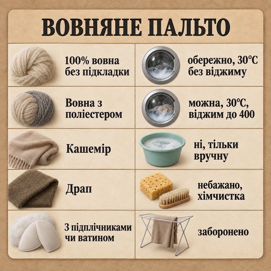 Що можна прати в машинці: Вовняне пальто - 100% вовна без підкладки обережно, 30°C без віджиму, Вовна з поліестером можна, 30°C, віджим до 400, Кашемір ні, тільки вручну, Драп небажано, хімчистка, З підплічниками чи ватином заборонено