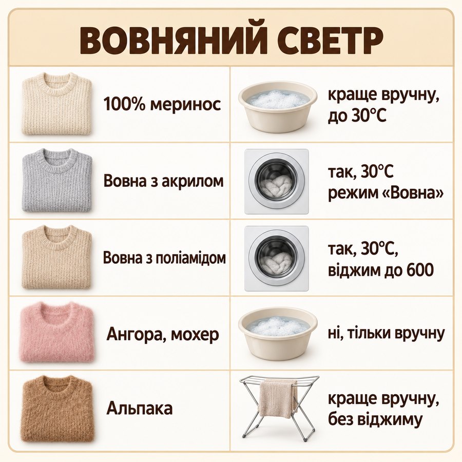 Що можна прати в машинці: Вовняний светр - 100% меринос краще вручну, до 30°C, Вовна з акрилом так, 30°C режим «Вовна», Вовна з поліамідом так, 30°C, віджим до 600, Ангора, мохер ні, тільки вручну, Альпака краще вручну, без віджиму