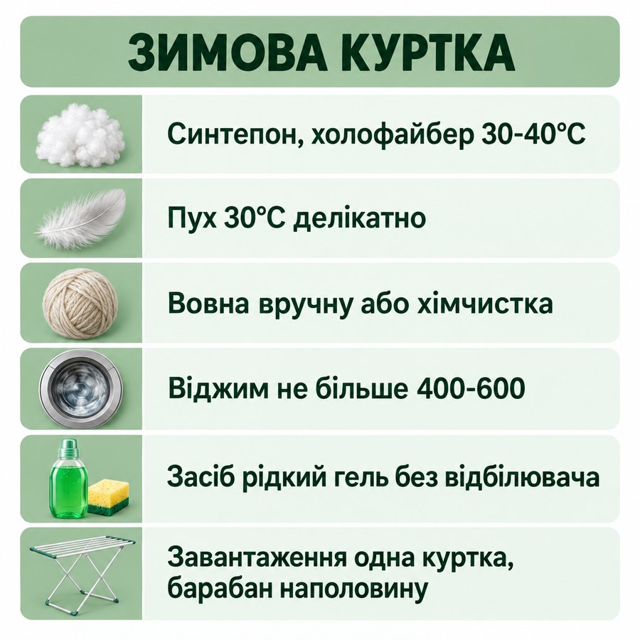 Що можна прати в машинці: Зимова куртка - Синтепон, холофайбер 30-40°C, Пух 30°C делікатно, Вовна вручну або хімчистка, Віджим не більше 400-600, Засіб рідкий гель без відбілювача, Завантаження одна куртка, барабан наполовину