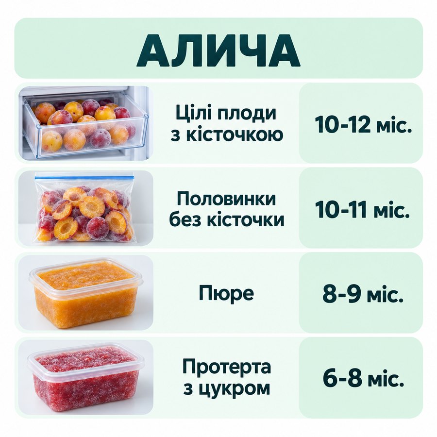 Терміни зберігання в морозилці: Алича - Цілі плоди з кісточкою 10-12 міс., Половинки без кісточки 10-11 міс., Пюре 8-9 міс., Протерта з цукром 6-8 міс.