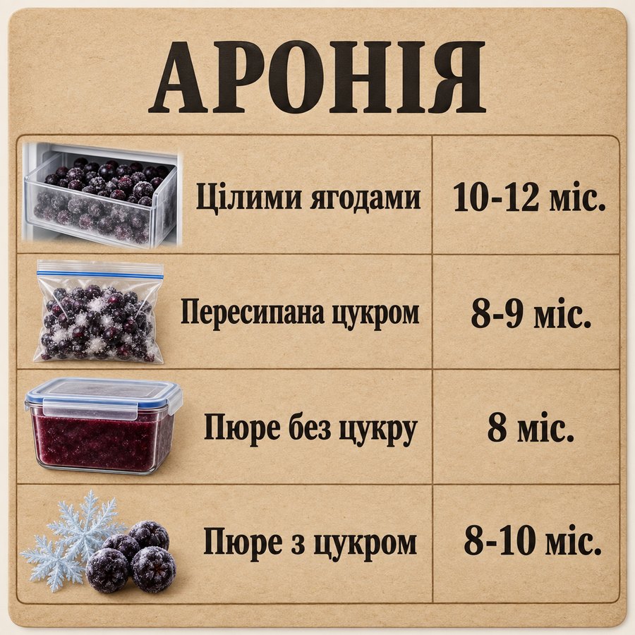 Терміни зберігання в морозилці: Аронія - Цілими ягодами 10-12 міс., Пересипана цукром 8-9 міс., Пюре без цукру 8 міс., Пюре з цукром 8-10 міс.