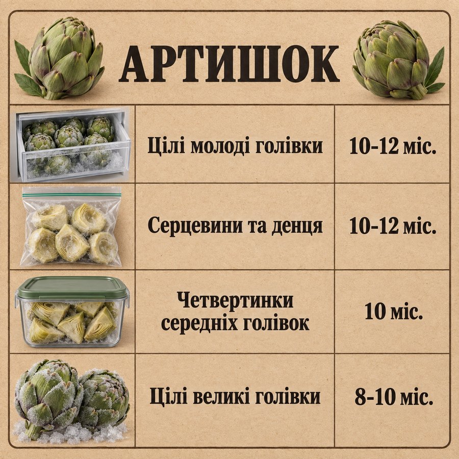 Терміни зберігання в морозилці: Артишок - Цілі молоді голівки 10-12 міс., Серцевини та денця 10-12 міс., Четвертинки середніх голівок 10 міс., Цілі великі голівки 8-10 міс.
