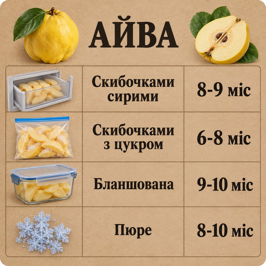 Терміни зберігання в морозилці: Айва - Скибочками сирими 8-9 міс, Скибочками з цукром 6-8 міс, Бланшована 9-10 міс, Пюре 8-10 міс