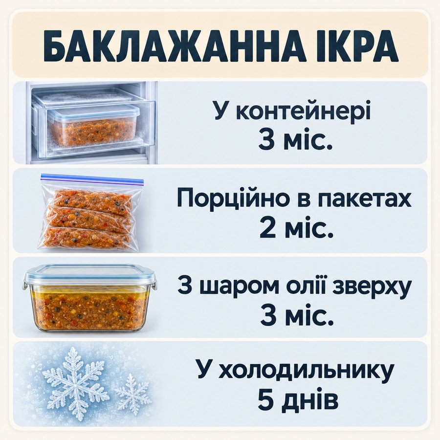 Терміни зберігання в морозилці: Баклажанна ікра - У контейнері 3 міс., Порційно в пакетах 2 міс., З шаром олії зверху 3 міс., У холодильнику 5 днів
