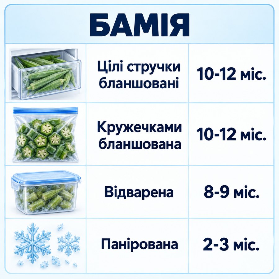 Терміни зберігання в морозилці: Бамія - Цілі стручки бланшовані 10-12 міс., Кружечками бланшована 10-12 міс., Відварена 8-9 міс., Панірована 2-3 міс.