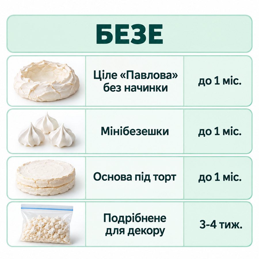 Терміни зберігання в морозилці: Безе - Ціле «Павлова» без начинки до 1 міс., Мінібезешки до 1 міс., Основа під торт до 1 міс., Подрібнене для декору 3-4 тиж.
