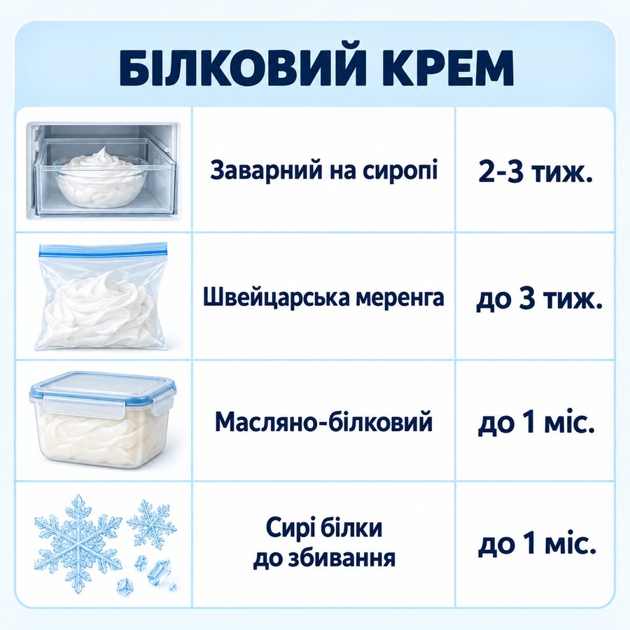 Терміни зберігання в морозилці: Білковий крем - Заварний на сиропі 2-3 тиж., Швейцарська меренга до 3 тиж., Масляно-білковий до 1 міс., Сирі білки до збивання до 1 міс.