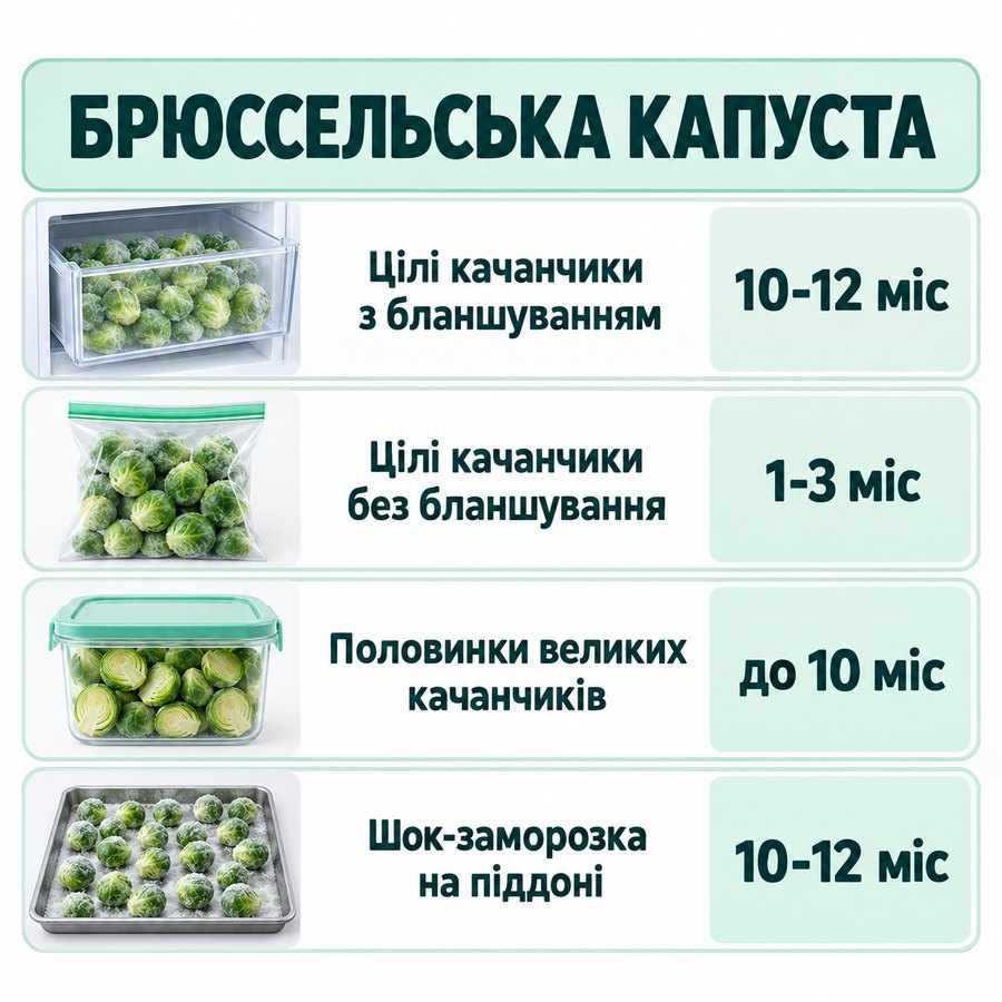 Терміни зберігання в морозилці: Брюссельська капуста - Цілі качанчики з бланшуванням 10-12 міс, Цілі качанчики без бланшування 1-3 міс, Половинки великих качанчиків до 10 міс, Шок-заморозка на піддоні 10-12 міс