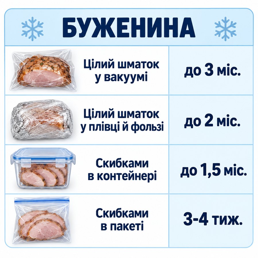 Терміни зберігання в морозилці: Буженина - Цілий шматок у вакуумі до 3 міс., Цілий шматок у плівці й фользі до 2 міс., Скибками в контейнері до 1,5 міс., Скибками в пакеті 3-4 тиж.