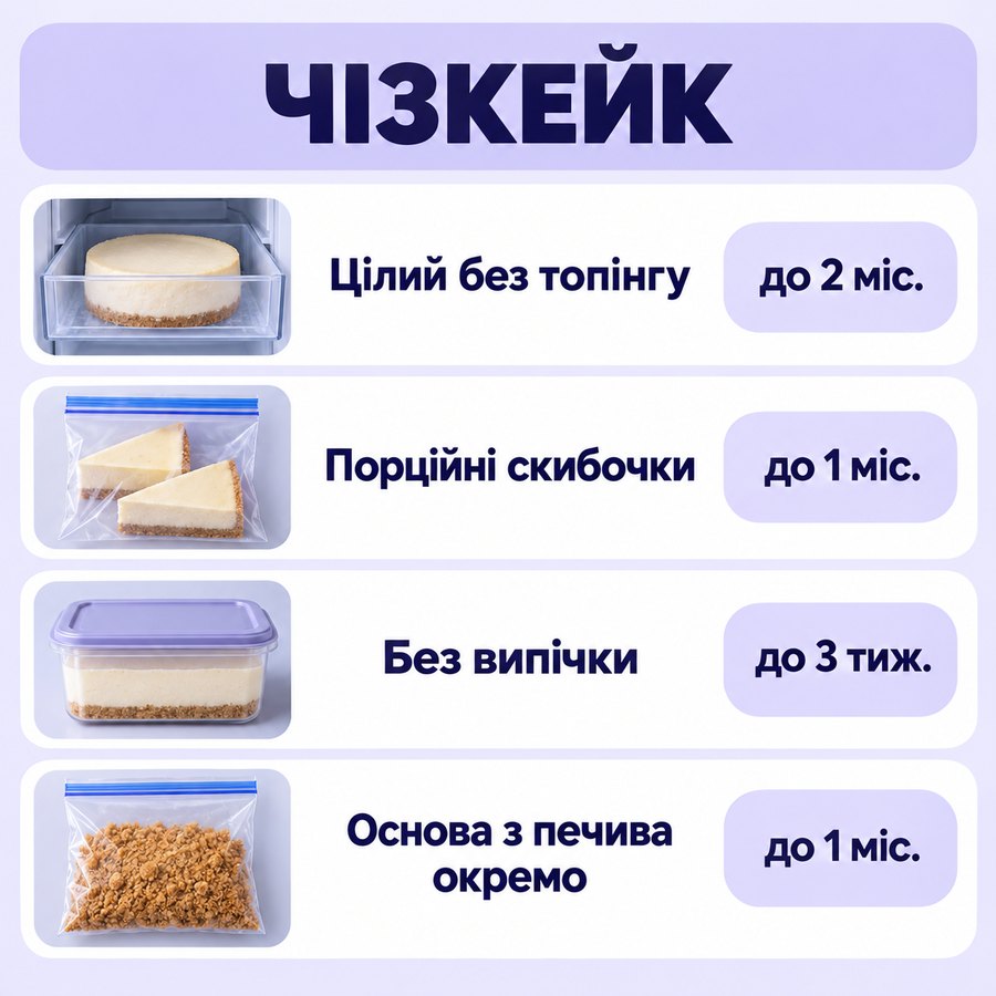 Терміни зберігання в морозилці: Чізкейк - Цілий без топінгу до 2 міс., Порційні скибочки до 1 міс., Без випічки до 3 тиж., Основа з печива окремо до 1 міс.