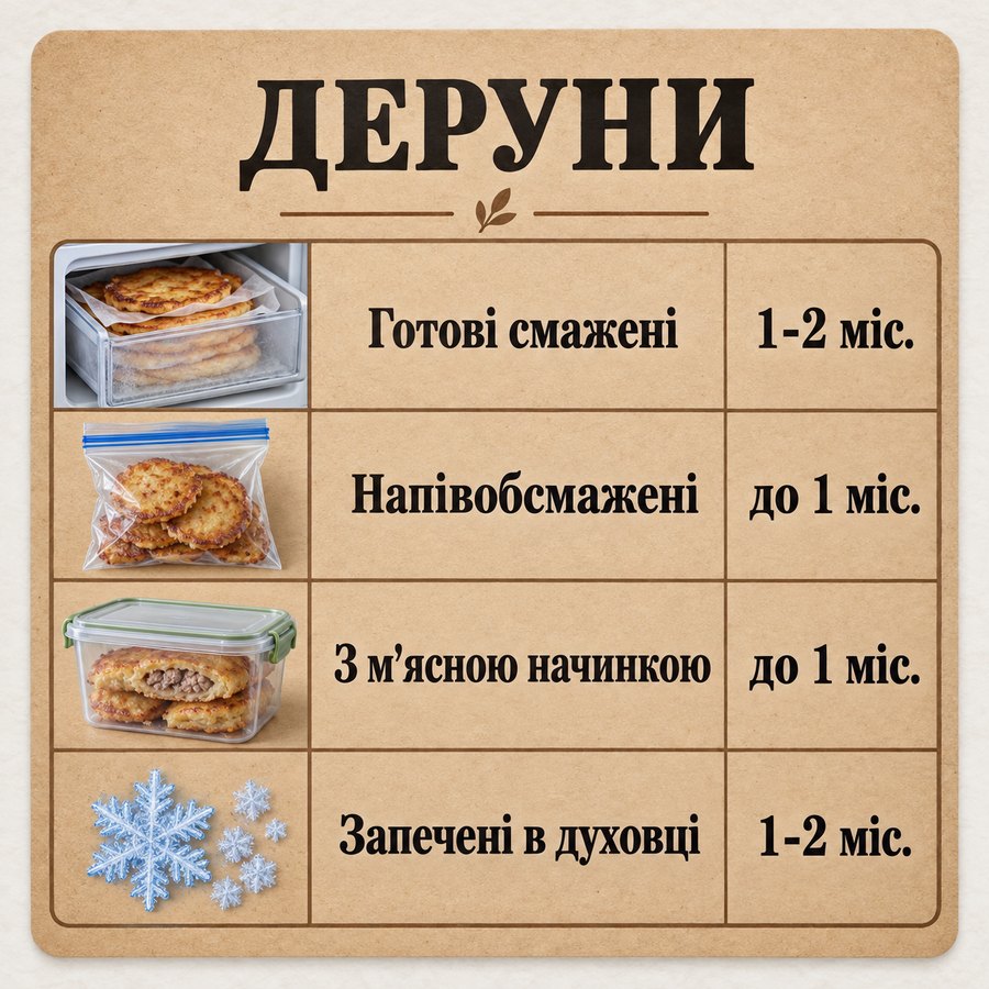 Терміни зберігання в морозилці: Деруни - Готові смажені 1-2 міс., Напівобсмажені до 1 міс., З м'ясною начинкою до 1 міс., Запечені в духовці 1-2 міс.