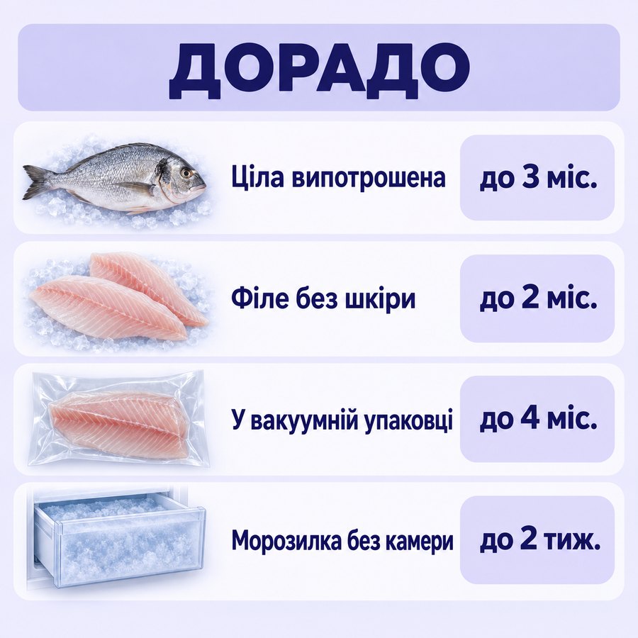 Терміни зберігання в морозилці: Дорадо - Ціла випотрошена до 3 міс., Філе без шкіри до 2 міс., У вакуумній упаковці до 4 міс., Морозилка без камери до 2 тиж.