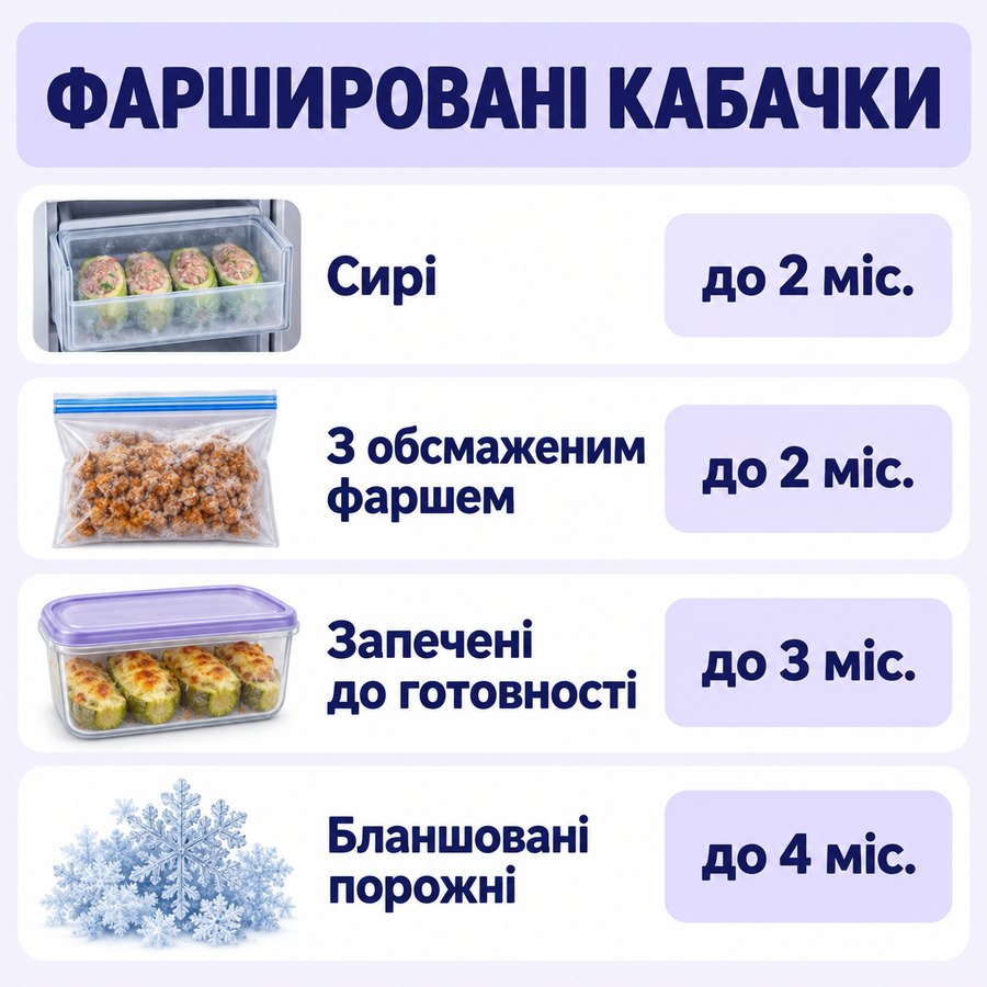 Терміни зберігання в морозилці: Фаршировані кабачки - Сирі до 2 міс., З обсмаженим фаршем до 2 міс., Запечені до готовності до 3 міс., Бланшовані порожні до 4 міс.