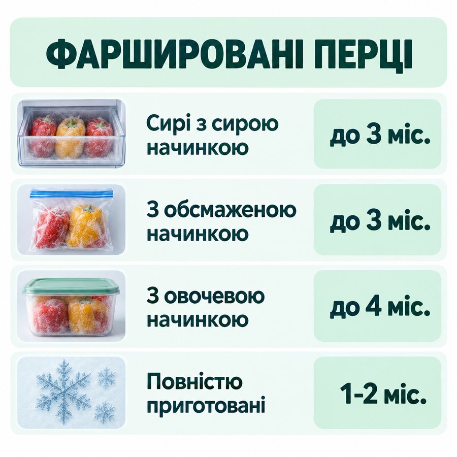 Терміни зберігання в морозилці: Фаршировані перці - Сирі з сирою начинкою до 3 міс., З обсмаженою начинкою до 3 міс., З овочевою начинкою до 4 міс., Повністю приготовані 1-2 міс.