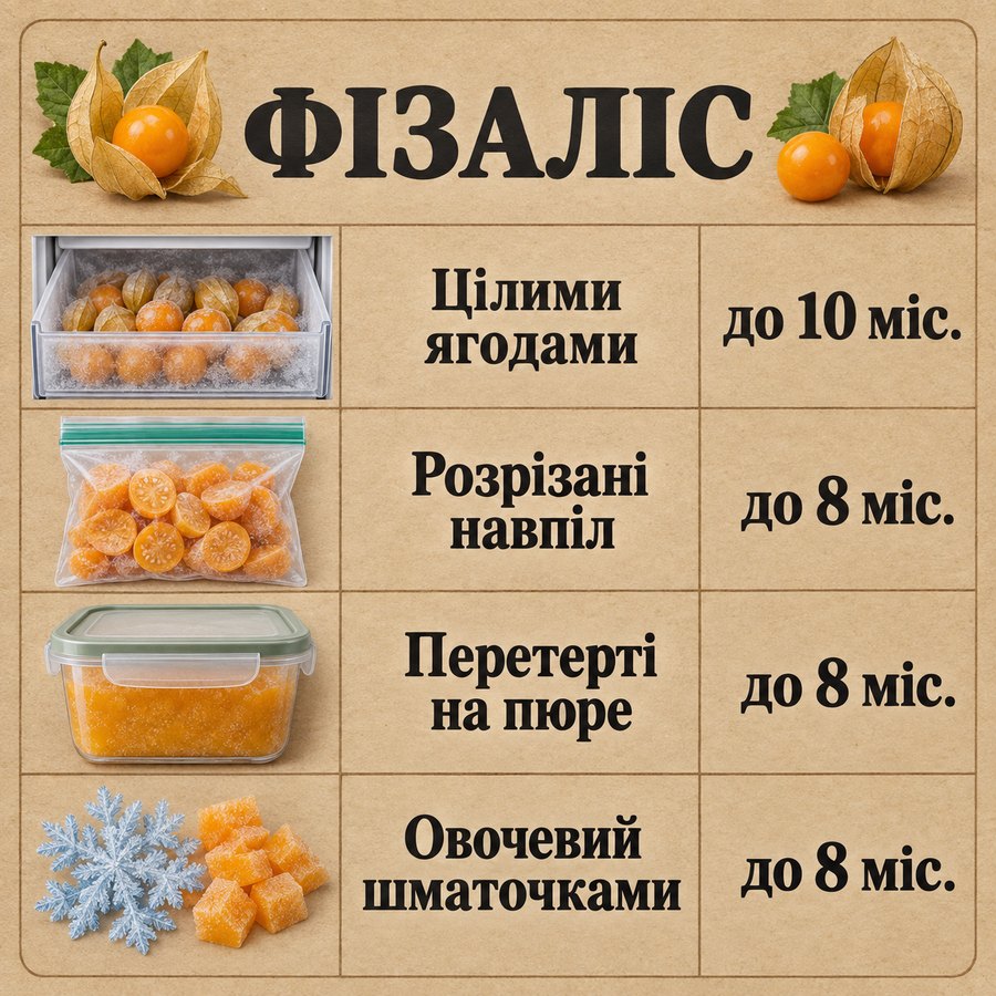 Терміни зберігання в морозилці: Фізаліс - Цілими ягодами до 10 міс., Розрізані навпіл до 8 міс., Перетерті на пюре до 8 міс., Овочевий шматочками до 8 міс.