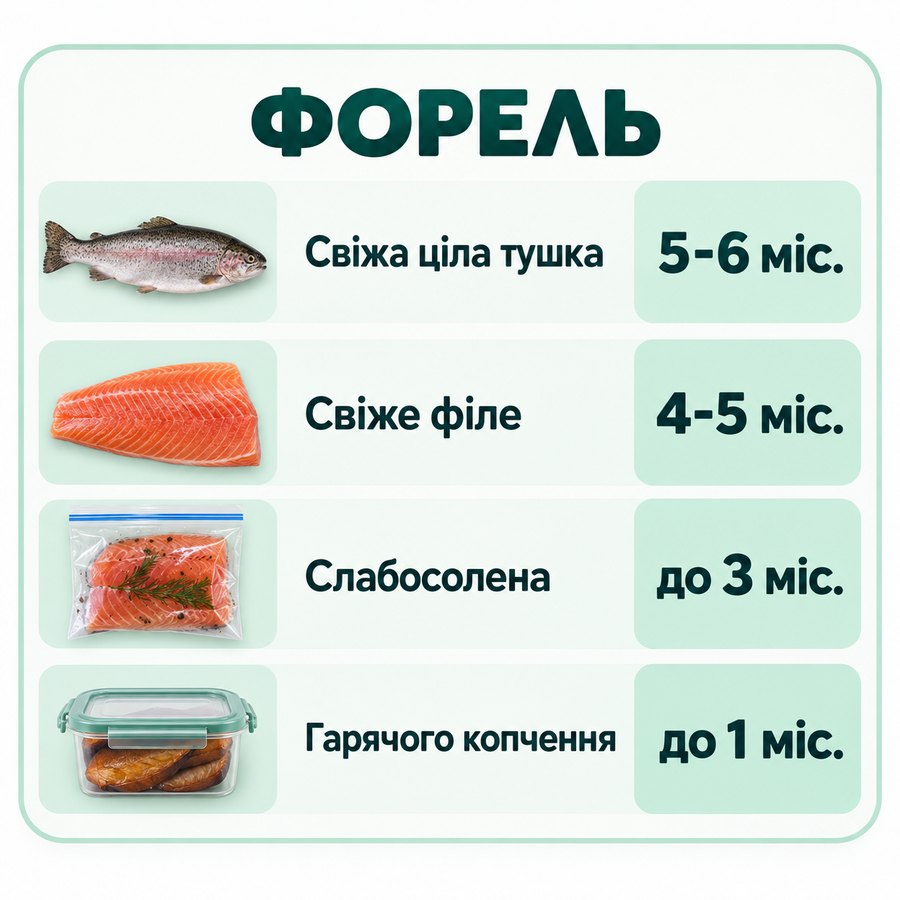Терміни зберігання в морозилці: Форель - Свіжа ціла тушка 5-6 міс., Свіже філе 4-5 міс., Слабосолена до 3 міс., Гарячого копчення до 1 міс.