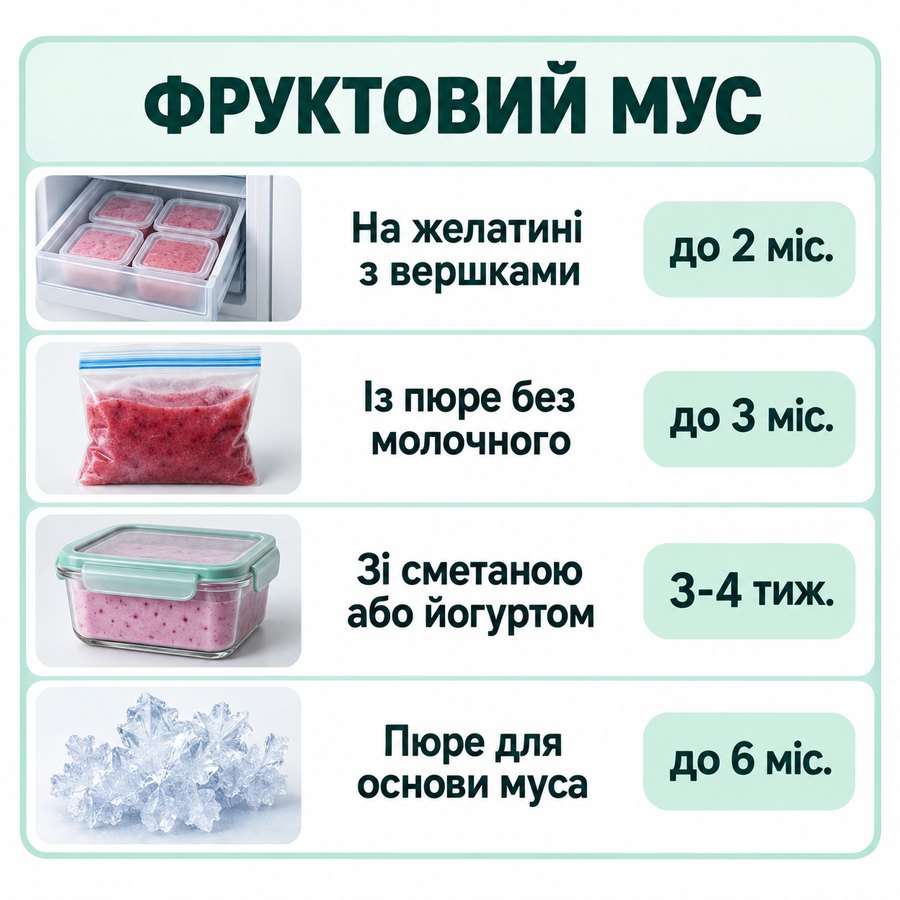 Терміни зберігання в морозилці: Фруктовий мус - На желатині з вершками до 2 міс., Із пюре без молочного до 3 міс., Зі сметаною або йогуртом 3-4 тиж., Пюре для основи муса до 6 міс.