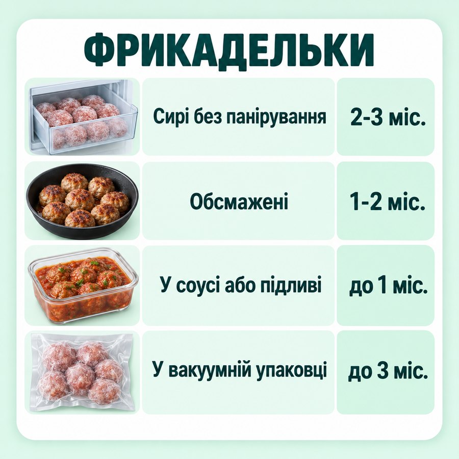 Терміни зберігання в морозилці: Фрикадельки - Сирі без панірування 2-3 міс., Обсмажені 1-2 міс., У соусі або підливі до 1 міс., У вакуумній упаковці до 3 міс.