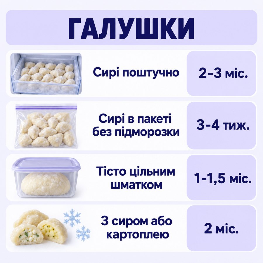 Терміни зберігання в морозилці: Галушки - Сирі поштучно 2-3 міс., Сирі в пакеті без підморозки 3-4 тиж., Тісто цільним шматком 1-1,5 міс., З сиром або картоплею 2 міс.
