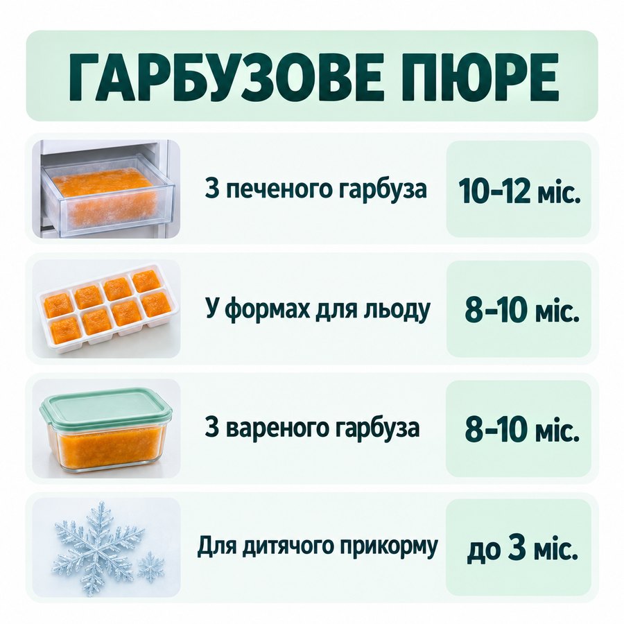 Терміни зберігання в морозилці: Гарбузове пюре - З печеного гарбуза 10-12 міс., У формах для льоду 8-10 міс., З вареного гарбуза 8-10 міс., Для дитячого прикорму до 3 міс.