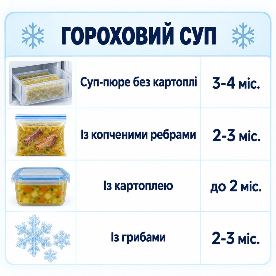 Терміни зберігання в морозилці: Гороховий суп - Суп-пюре без картоплі 3-4 міс., Із копченими ребрами 2-3 міс., Із картоплею до 2 міс., Із грибами 2-3 міс.