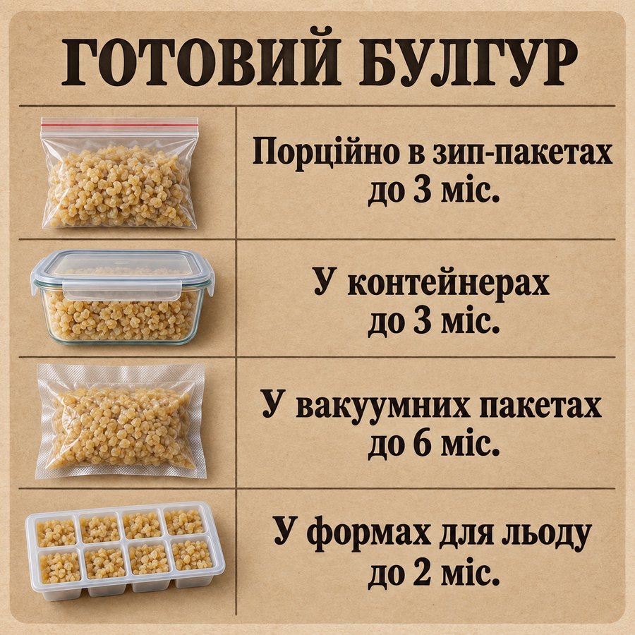 Терміни зберігання в морозилці: Готовий булгур - Порційно в зип-пакетах до 3 міс., У контейнерах до 3 міс., У вакуумних пакетах до 6 міс., У формах для льоду до 2 міс.