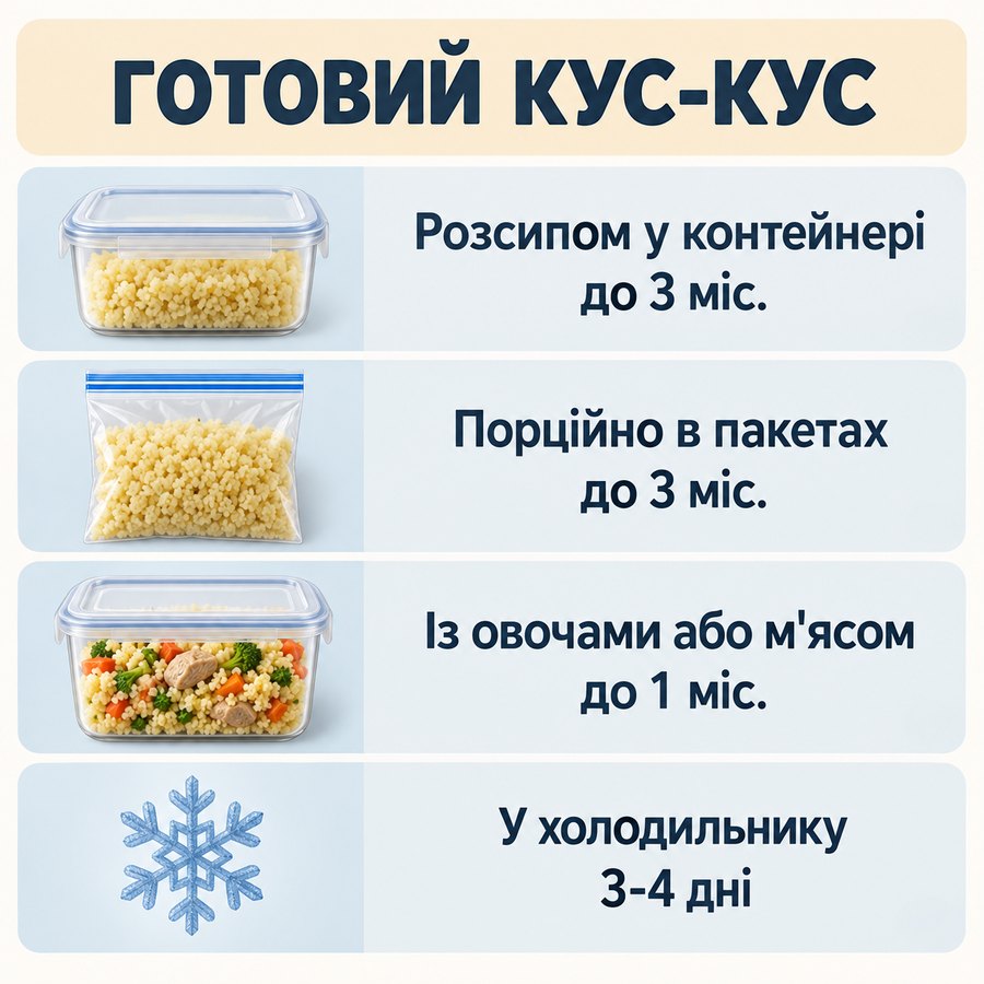 Терміни зберігання в морозилці: Готовий кус-кус - Розсипом у контейнері до 3 міс., Порційно в пакетах до 3 міс., Із овочами або м'ясом до 1 міс., У холодильнику 3-4 дні