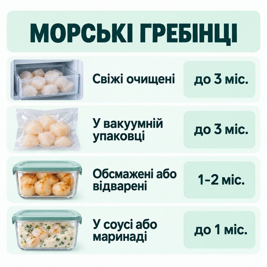 Терміни зберігання в морозилці: Морські гребінці - Свіжі очищені до 3 міс., У вакуумній упаковці до 3 міс., Обсмажені або відварені 1-2 міс., У соусі або маринаді до 1 міс.