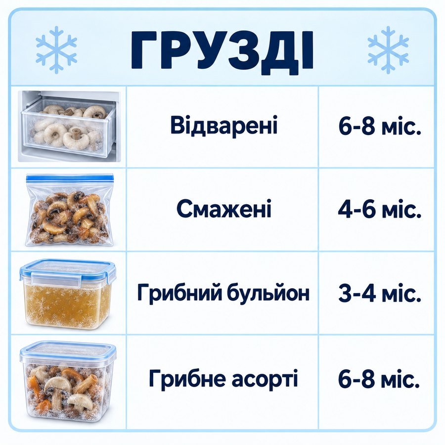 Терміни зберігання в морозилці: Грузді - Відварені 6-8 міс., Смажені 4-6 міс., Грибний бульйон 3-4 міс., Грибне асорті 6-8 міс.