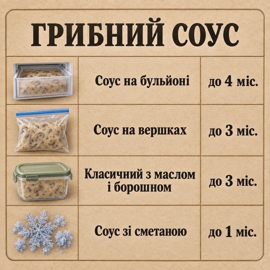 Терміни зберігання в морозилці: Грибний соус - Соус на бульйоні до 4 міс., Соус на вершках до 3 міс., Класичний з маслом і борошном до 3 міс., Соус зі сметаною до 1 міс.